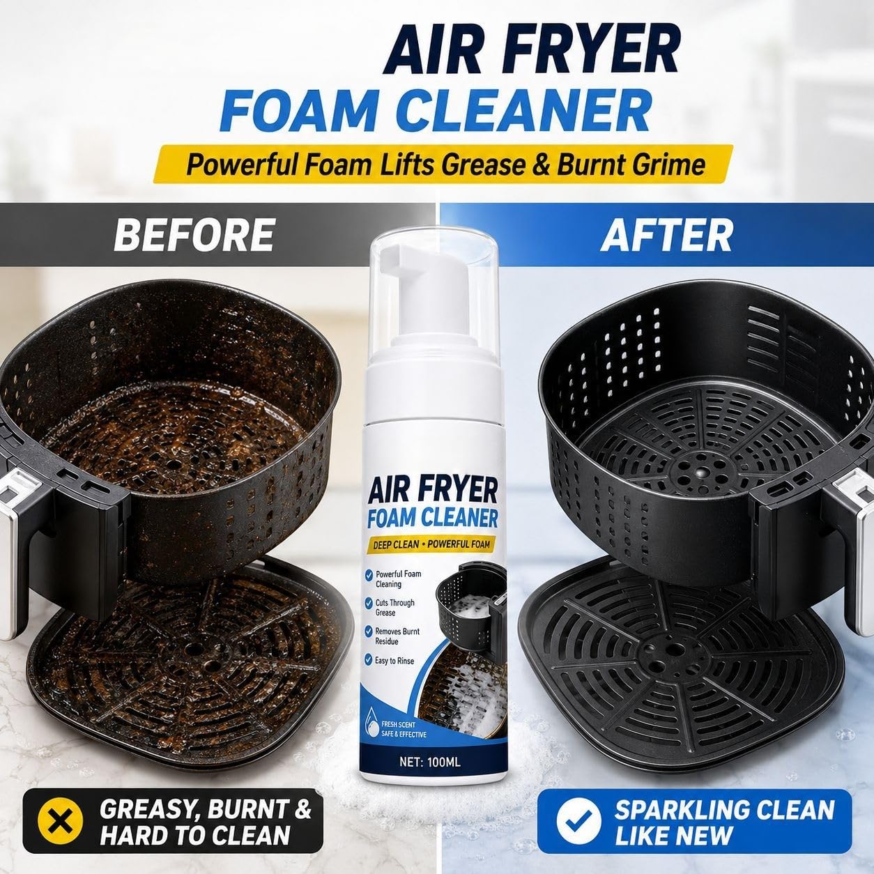 Spray limpiador de espuma 2 en 1 para freidora de aire, potente spray de espuma desengrasante de cocina, seguro para cestas antiadherentes, limpia el elemento calefactor, elimina alimentos y aceite