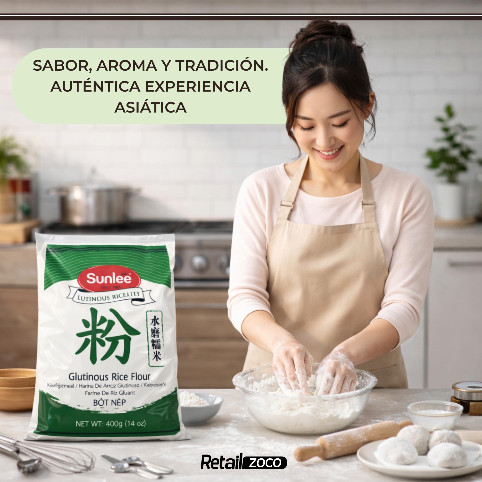 Harina de Arroz Glutinoso, harina de arroz pegajoso, Harina Sin Gluten, Ideal para mochis, pasteles de arroz y dumplings, Ingrediente Arroz glutinoso 98% y agua 2%, Contiene 1 unidad de 400 gr