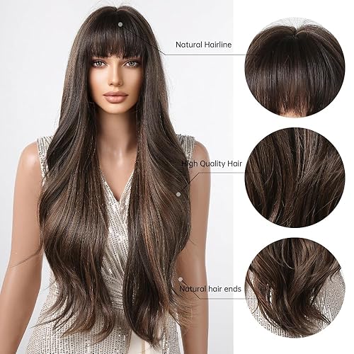 Miniatura 2 de Allbell Pelucas de onda larga marrón para mujer, mezcla de cabello rubio ondulado, peluca natural, pelucas sintéticas con flequillo