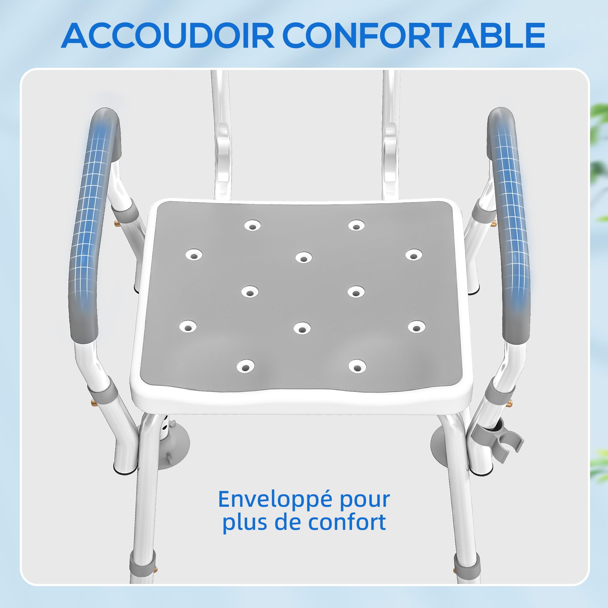 HOMCOM - Taburete de ducha ergonómico, altura ajustable, 136 kg, color gris claro | Silla de ducha, patas antideslizantes, Alu HDPE