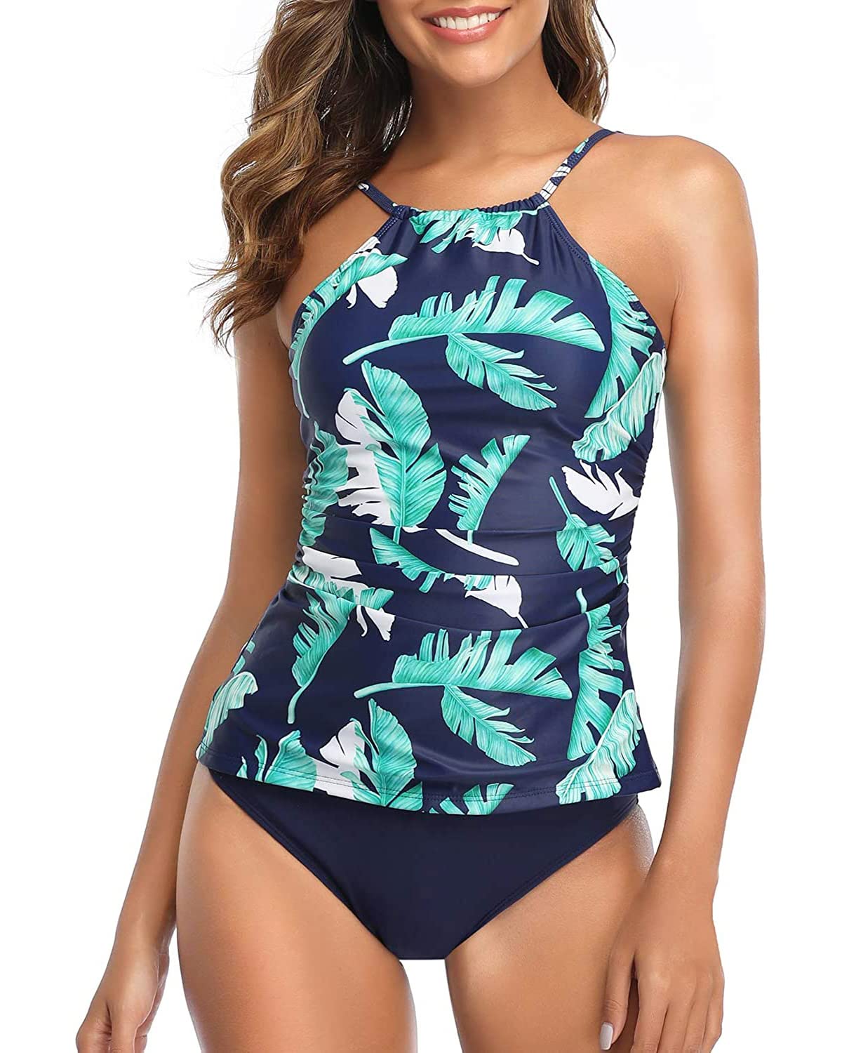 Tempt MeTwo Piece Tankini Set Tummy Control Swimsuit for Women High Neck Top with Bottom Bathing Suits Ruched Swimwear