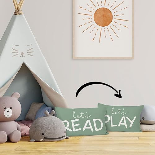 Miniatura 5 de HIWX Decoración para sala de juegos para niños, almohadas de aula, almohada decorativa de 12 x 20 pulgadas, con texto en inglés "Let's Read Play"