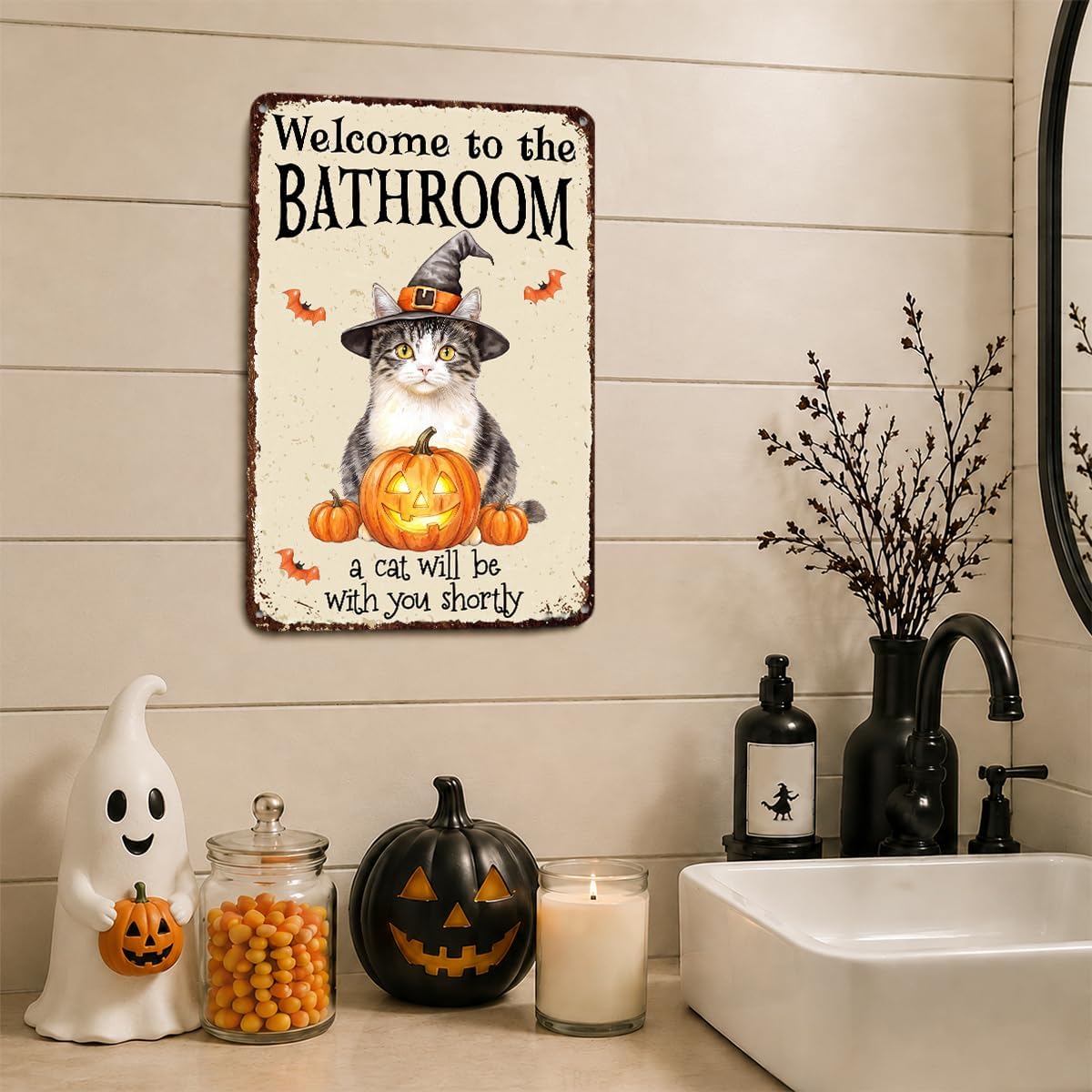 Funny Halloween Bathroom Decorations Pumpkin Wall Art Grey Tabby Cat Gifts image 4