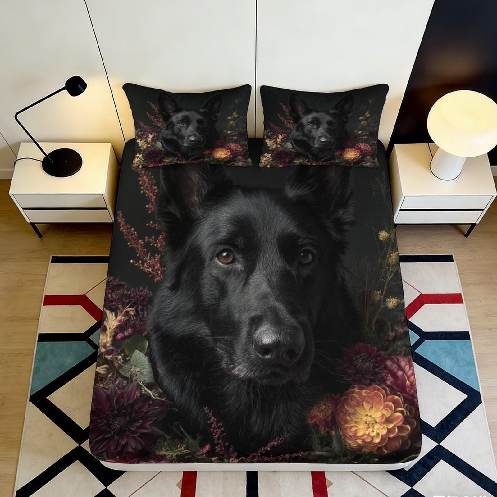 3D Printed Black German Shepherd Fitted Sheet Microfiber Soft Durable Floral Bed Cover for Bedroom Dormitory Guest Room Mattress Protection 90x200x25cm