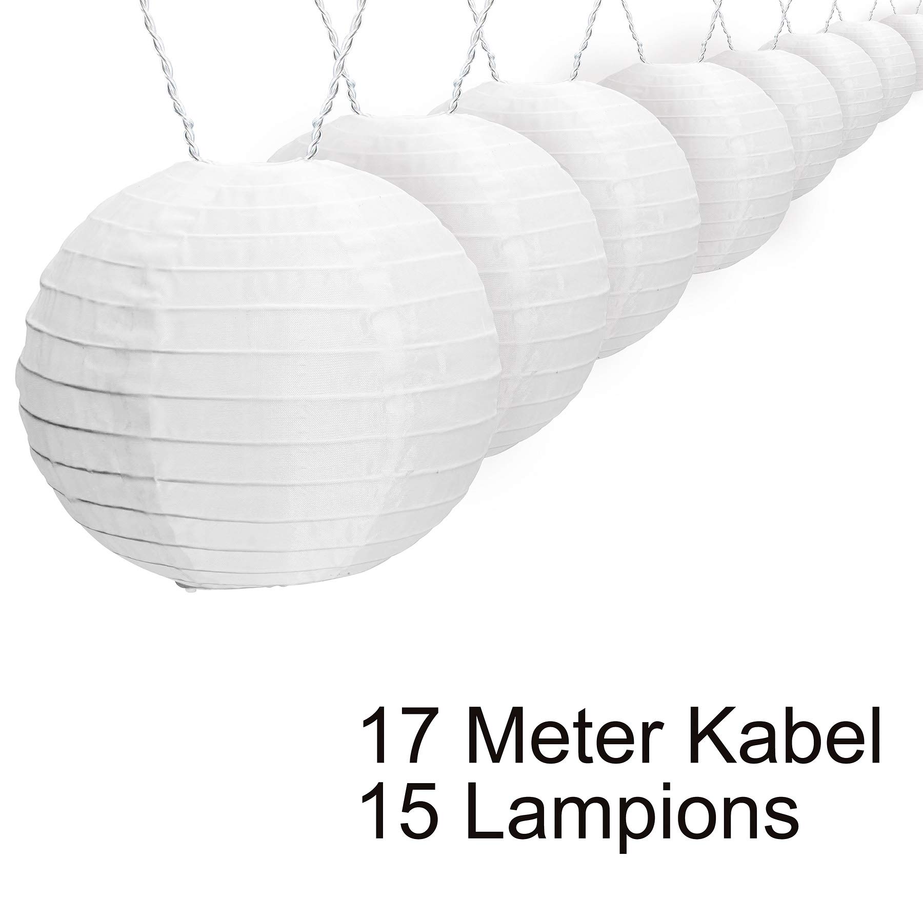 Amare łańcuch świetlny LED z 15 lampionami XXL o średnicy 15 cm, zasilany prądem, ciepła biel