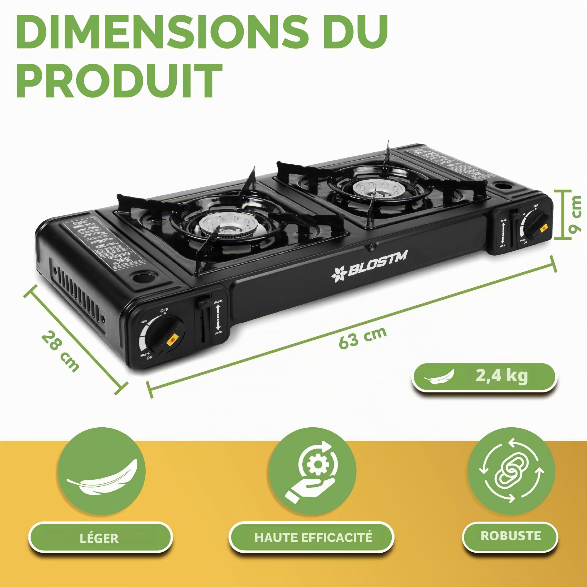 BLOSTM Réchaud de camping portable à gaz – Réchaud de camping à double brûleur avec système d'allumage automatique, contrôle de la température – Utilisation avec gaz butane ou GPL – Réchaud de camping