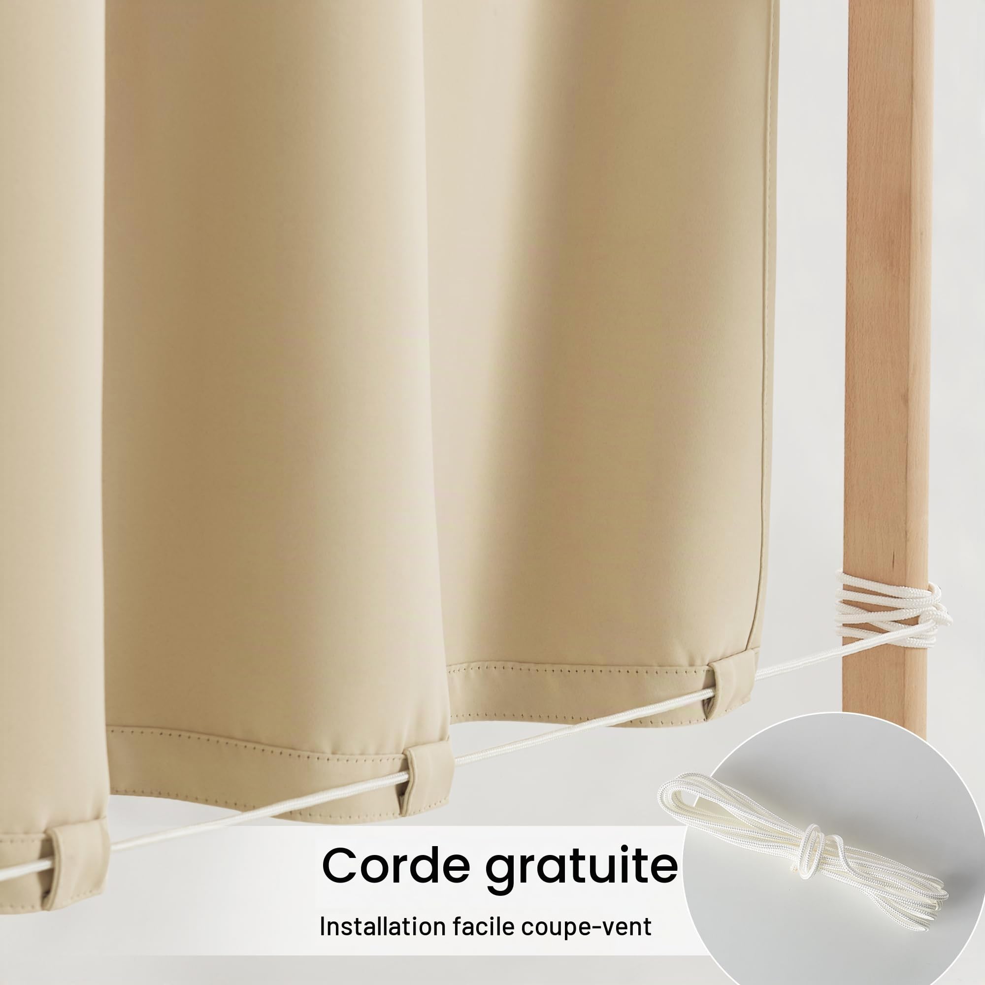 PONY DANCE Rideaux d'Extérieur à Fixation Adhésive, Lot de 2 Rideau sans Percage Anti-Vent avec Embrasses pour Jardin et Terrasse, Rapide d'installation Imperméable, 132x213cm, Jaune Beige