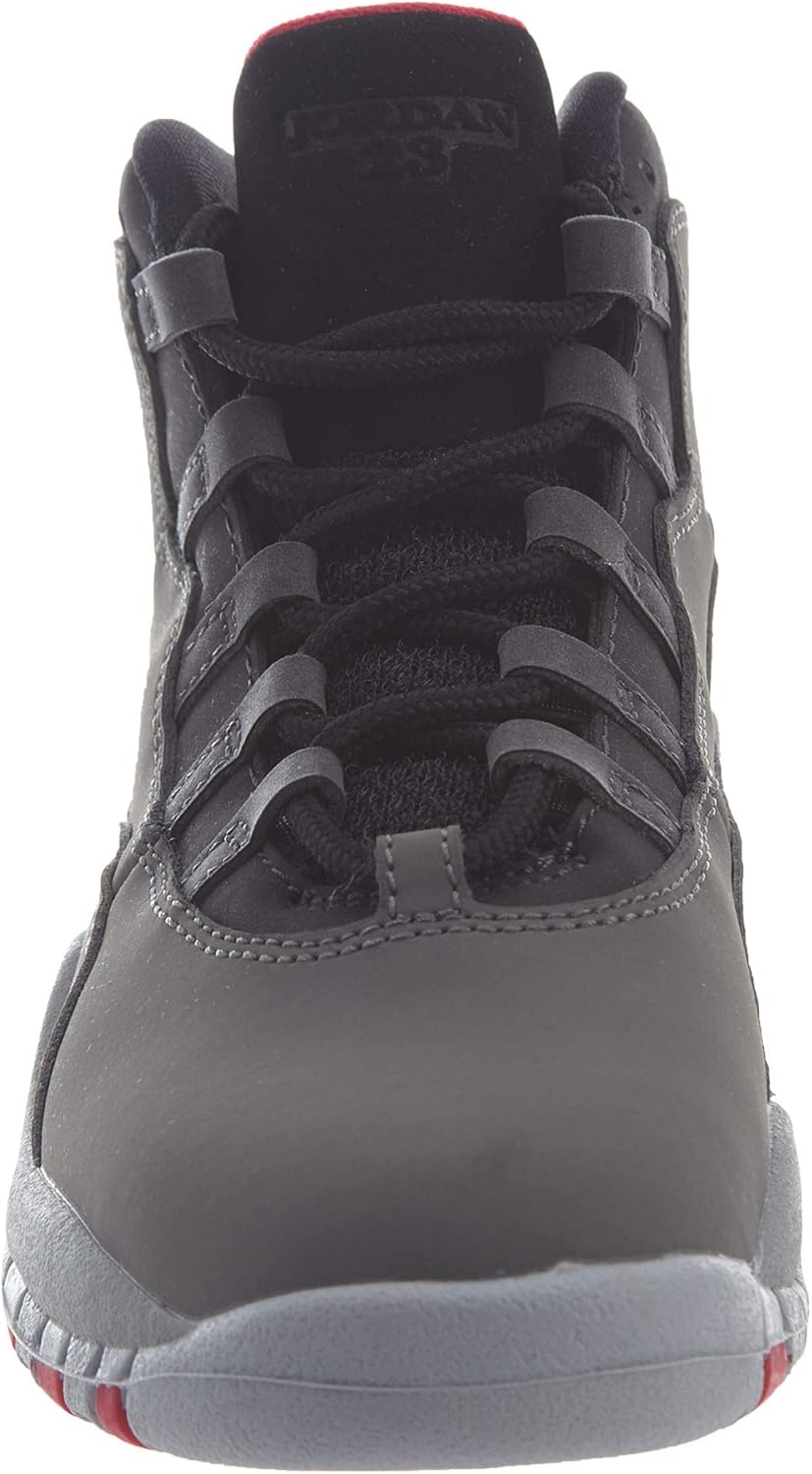 Front view of Jordan Preschool 10 Retro shoe, showing the laces and toe box.