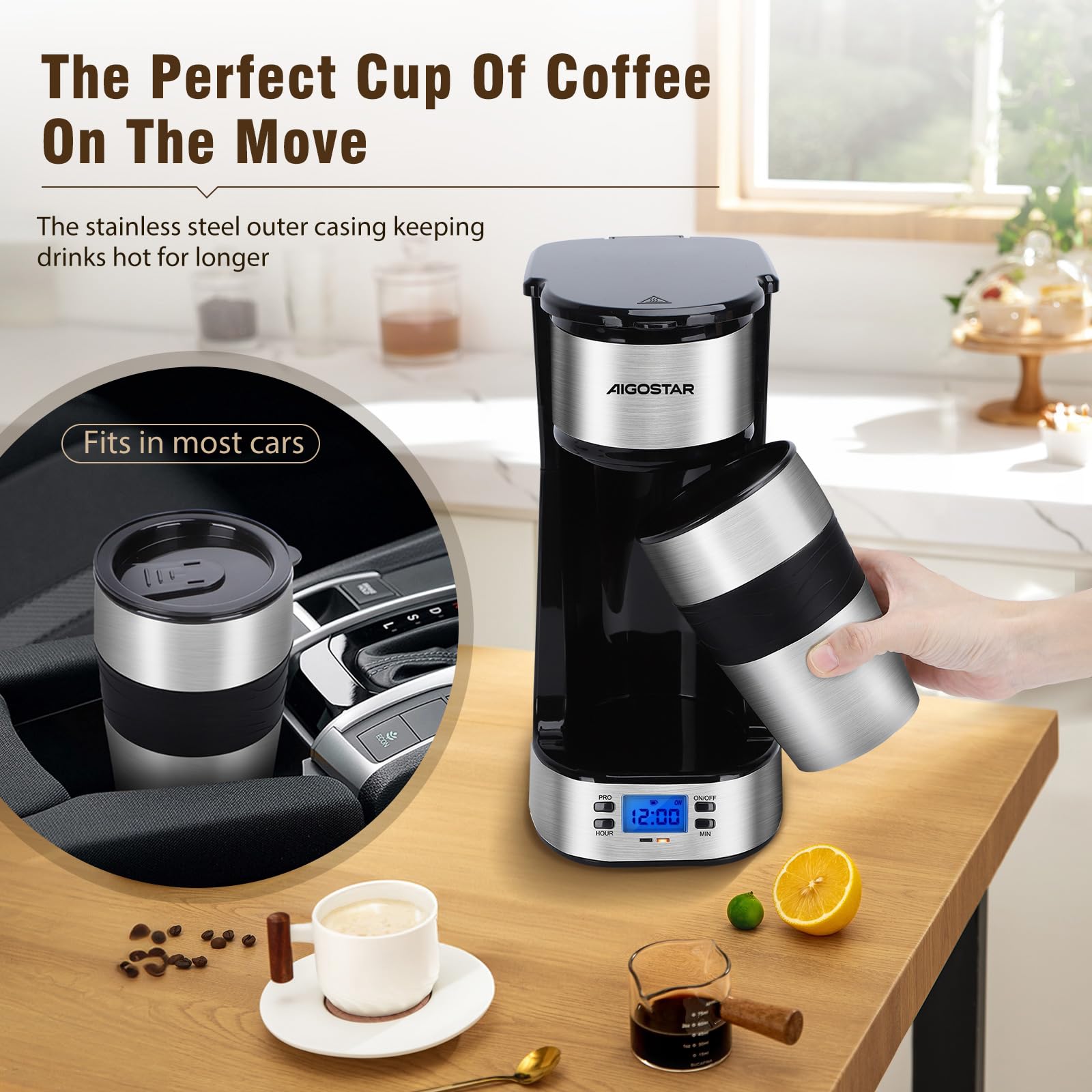 Aigostar - Cafetière Filtre avec 1 tasse isotherme Programmable 24h, Affichage LCD, Machine à café avec Gobelet de voyage de 420 ml et filtre à café réutilisable, 700W, Noir