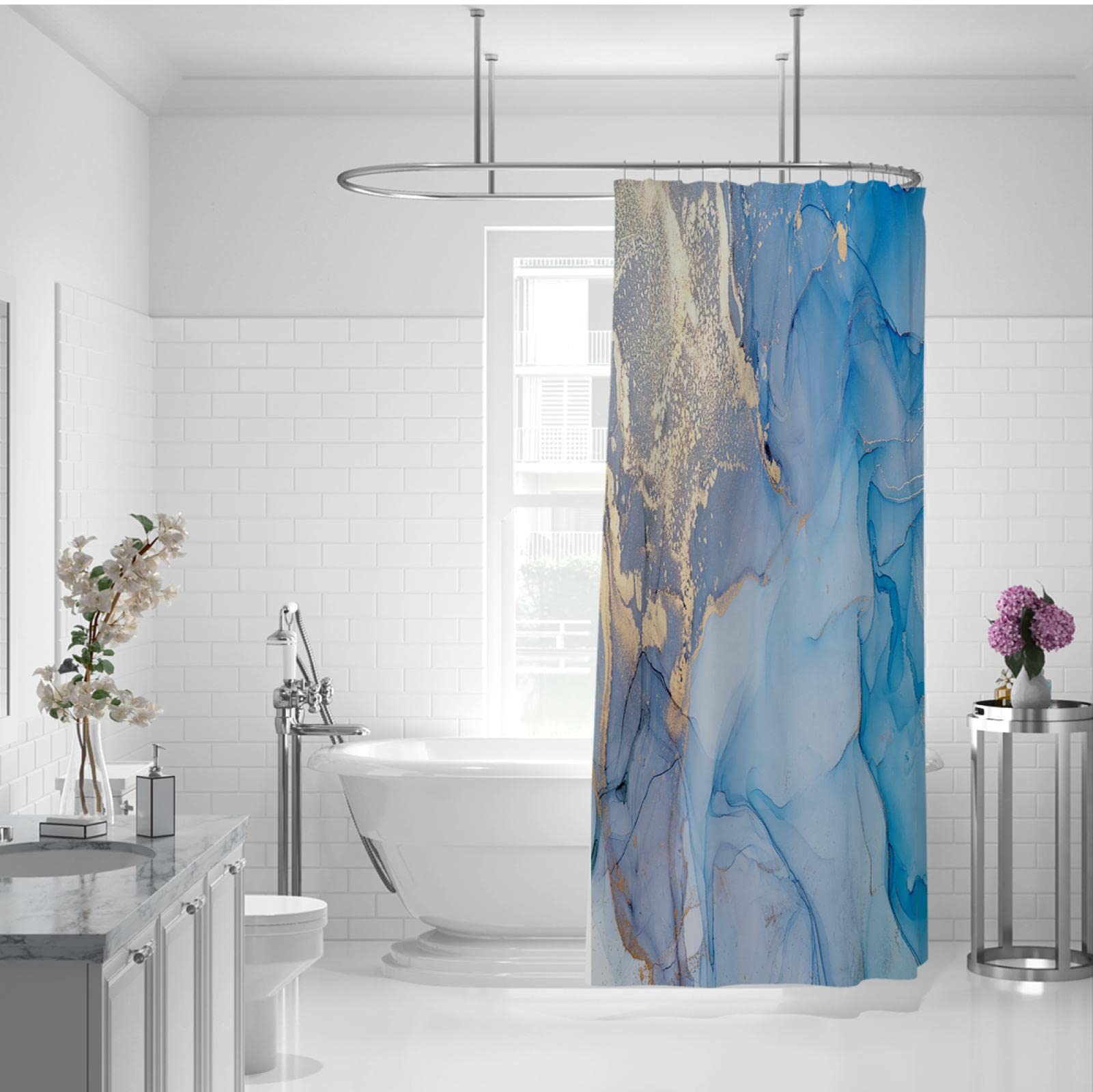 Cortina de Ducha de mármol Azul para baño Juego de decoración de Cortina de Ducha de Lujo Dorado con Ganchos Cortinas de bañera húmedas y secas separadas W200xL200cm