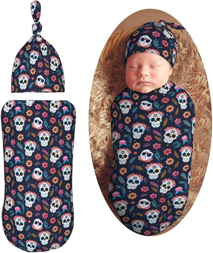 Sugar Skulls and Flower Newborn Swaddle Blankets Hat Sets Soft Baby Receiving Blanket Swaddle Sack for Baby Shower Infant Boy Girl Gift