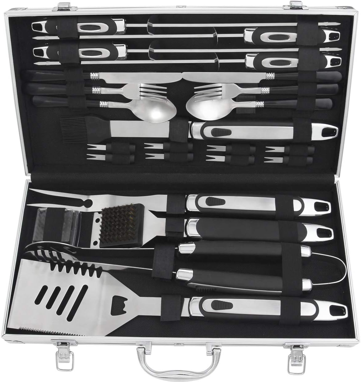 grilljoy BBQ Grill Tool Set, 25pcs Stainless Steel BBQ Accessories in Aluminum Case, Premium Complete Outdoor BBQ Utensil Set for Christmas