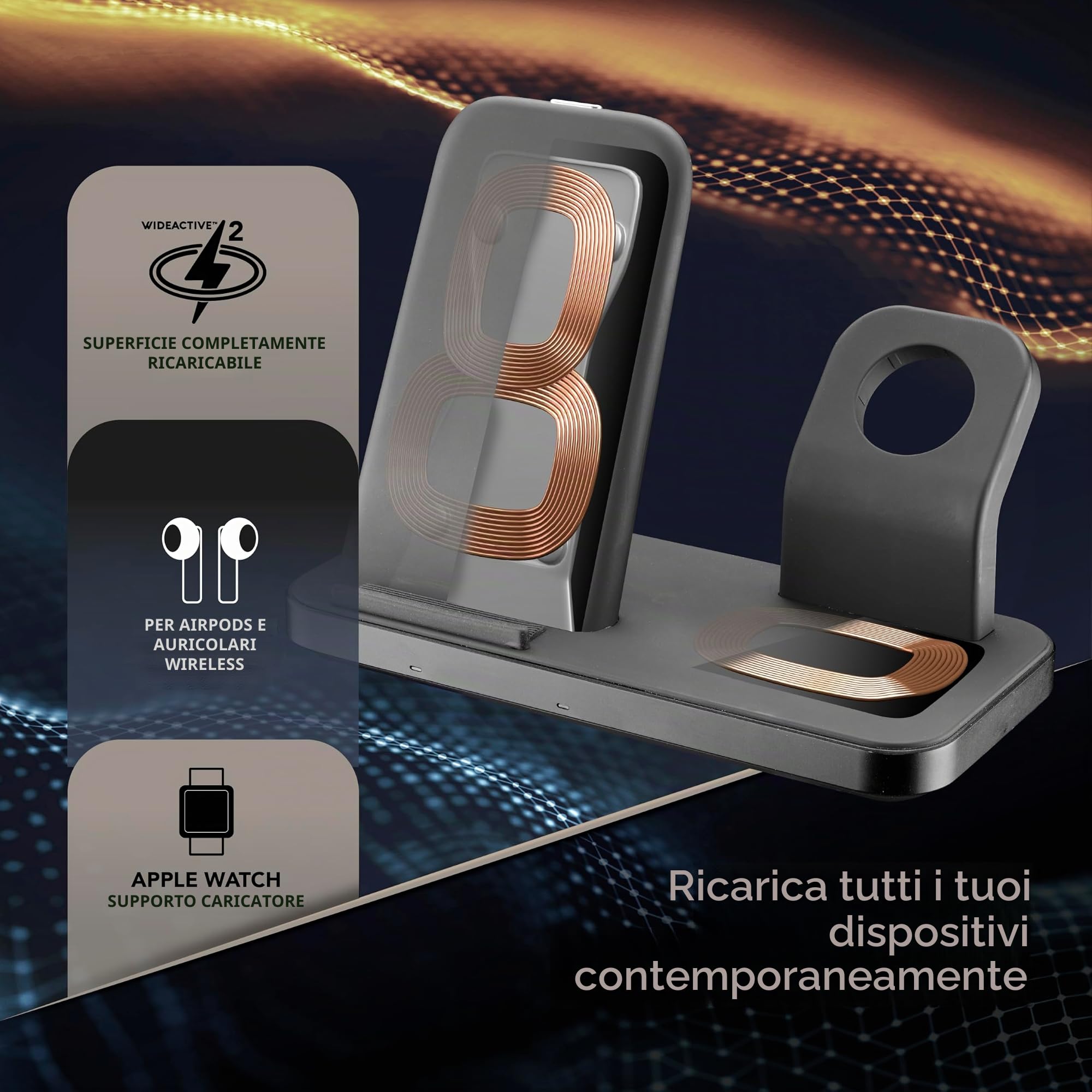cellularline | TRIO WIRELESS CHARGER | Caricabatterie Wireless 3 in 1 per dispositivi Apple: iPhone, Apple Watch, Airpods, Nero
