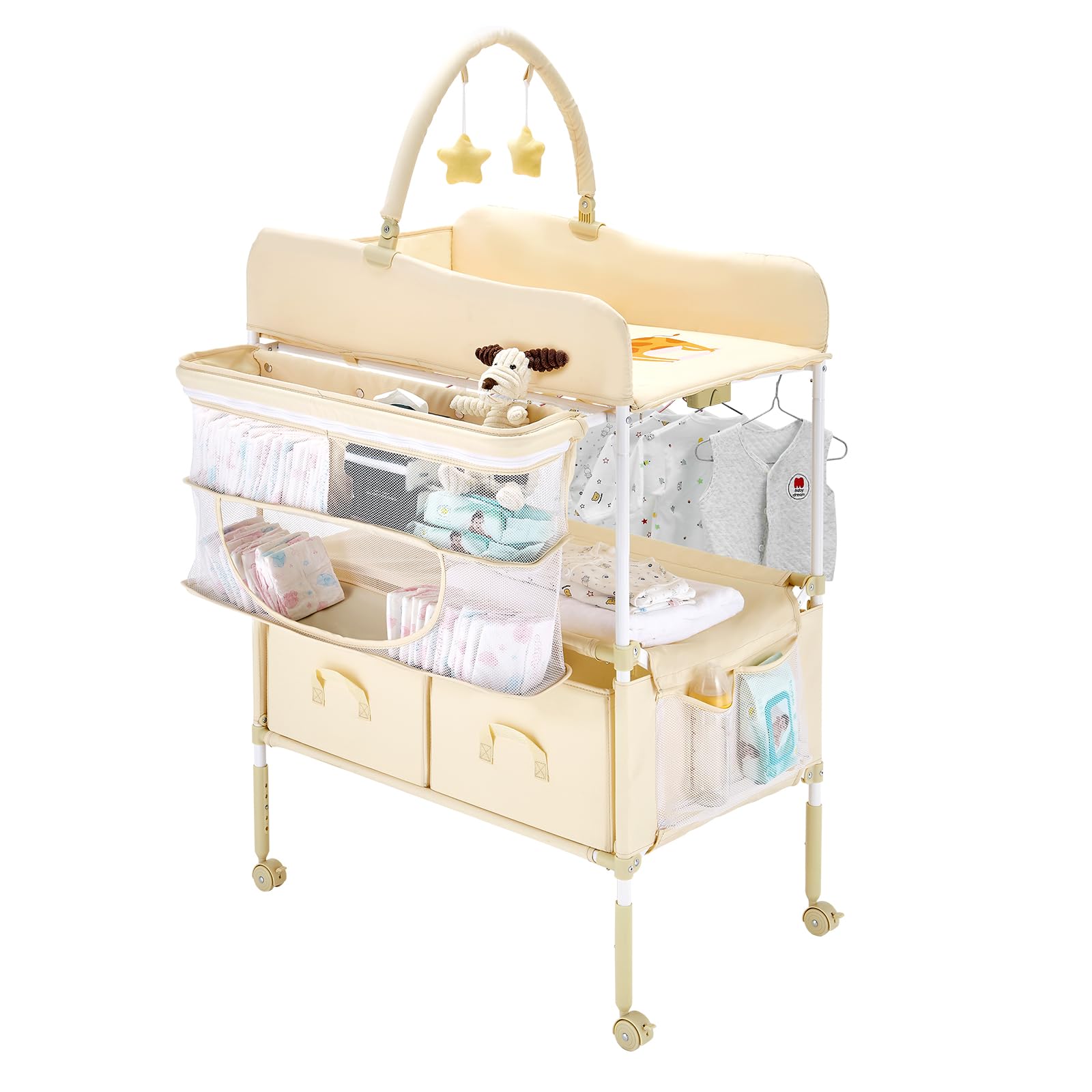 VEVOR Baby Changing Table, Adjustable Height Diaper Change Station with 2 Fabric Drawers, Side Basket and Hanging Rod, Foldable Changing Table with