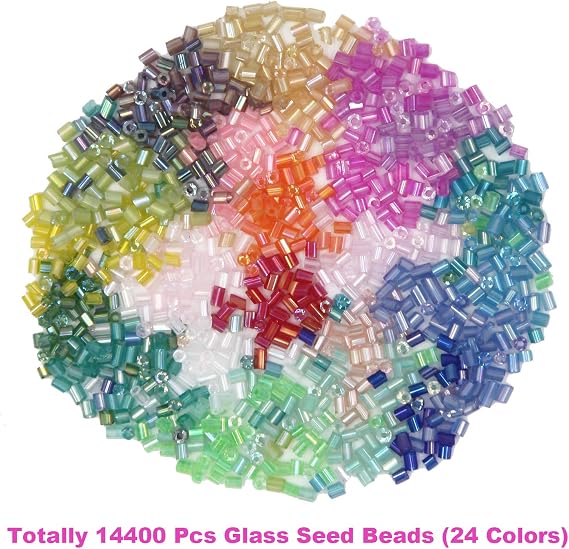EuTengHao 14400pcs Tube Beads Bugle Glass Seed Beads, Small Craft Spacer Beads for DIY Bracelet Necklaces Crafting Jewelry Making Supplies with Two Crystal String (3mm, 600 Per Color, 24 Colors)
