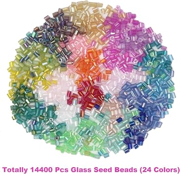 EuTengHao 14400pcs Tube Beads Bugle Glass Seed Beads, Small Craft Spacer Beads for DIY Bracelet Necklaces Crafting Jewelry Making Supplies with Two Crystal String (3mm, 600 Per Color, 24 Colors)