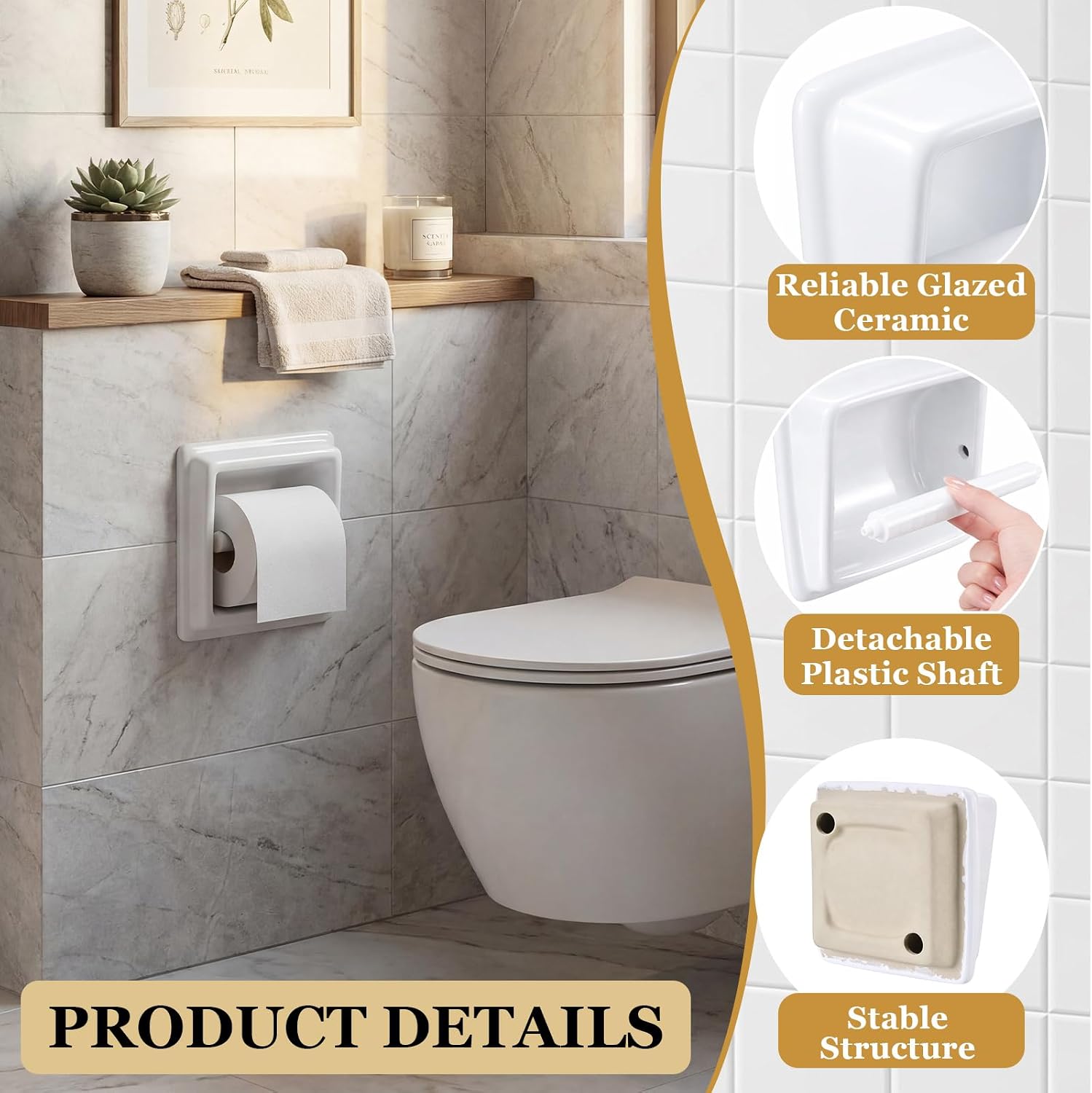 White Ceramic Toilet Paper Holder Glazed Recessed Tissue Dispenser image 3