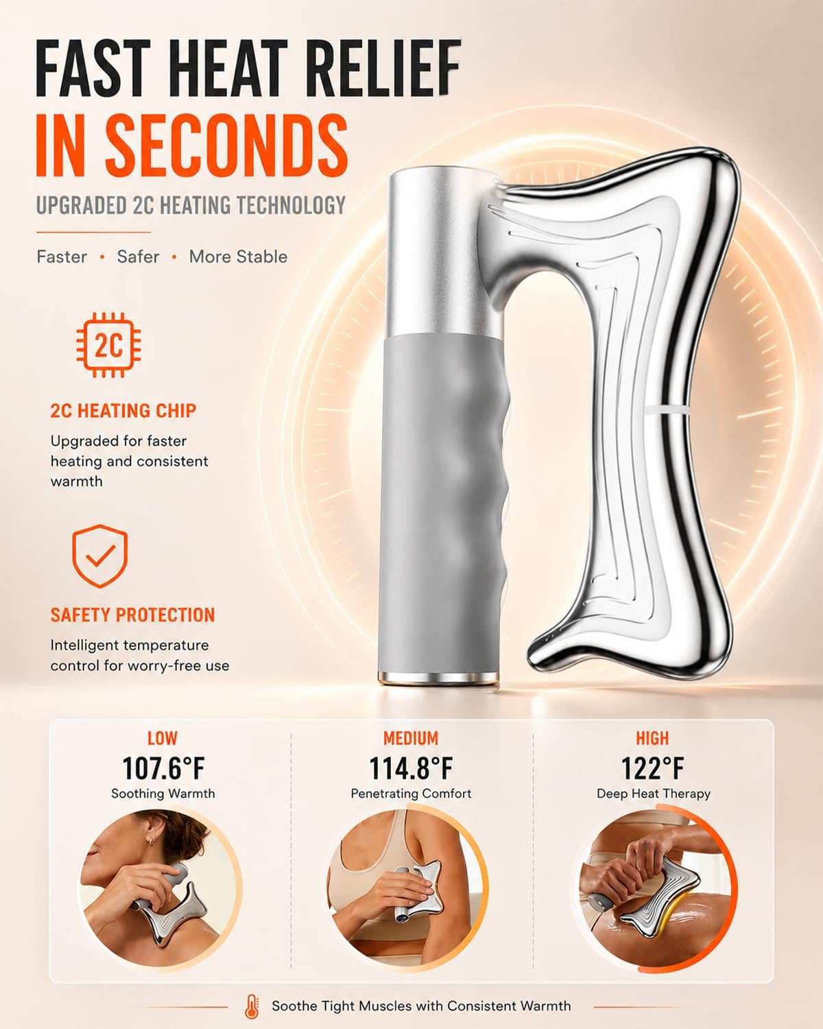Muscle Scraper Tool, Heated Fascia Massage Tool with Vibration & Heating, Electric Body Contouring Device, 3 Modes LED Display, Rechargeable Wireless Gua Sha Massager for Full Body (Silver)