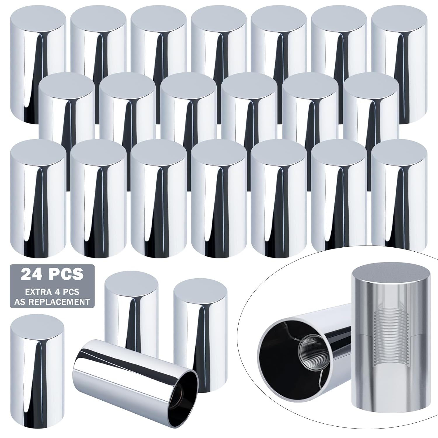 CheeMuii 24 Pcs 33mm Lug Nut Covers Kit Premium ABS Chrome Screw-on Nut Cover Caps Standard Flanged Column Lug Nut Covers for Semi Truck Trailer