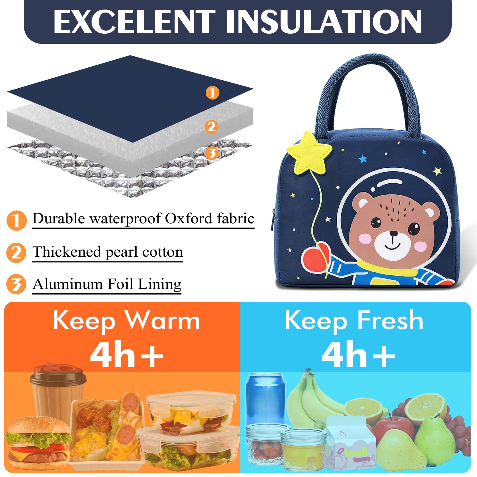 Insulated Reusable Lunch Tote Bags Cartoon Portable Lunch Box for Work Office Picnic Beach Space Bear — view 4