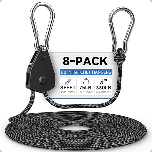 Fondwell 1/8" Rope Tie Downs Ratchet Straps Adjustable Grow Light Hangers | 4-Pack 8FT 75LB Load Capacity, Smooth Ratcheting Quick Release, Rust-Resistant - for Indoor Gardening & Various Tie-Down Uses