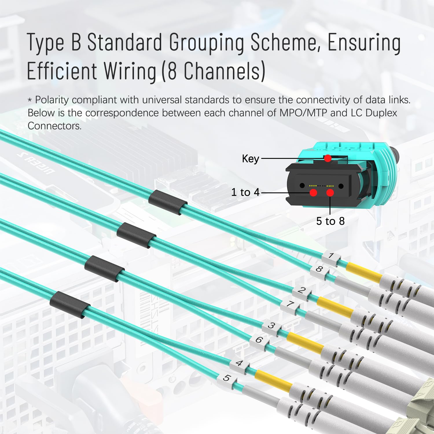 MPO/MTP Fanout Patch Cable, MPO/MTP to 8 x LC (4 Duplex), 40GbE QSFP 40GBase-SR4, OM3 Breakout Fiber Optic Cable - Aqua, (23ft (7M))