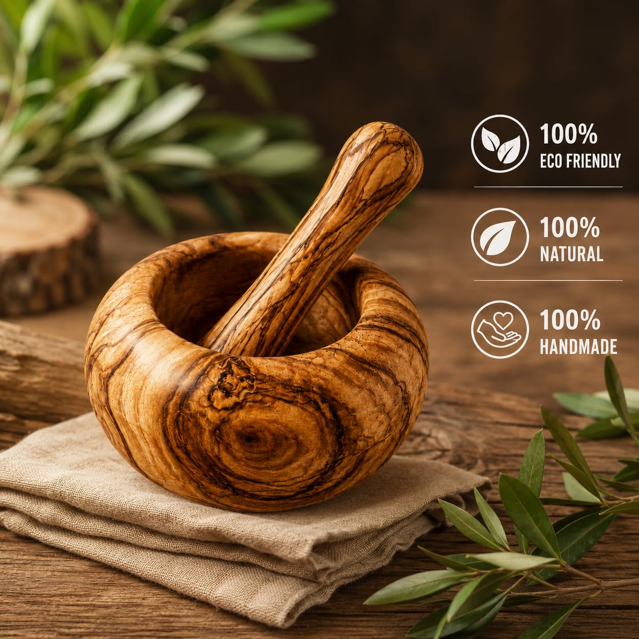 Mortaio con pestello in legno di ulivo naturale, per servizio di cucina spezie ed erbe, realizzato a mano, 12 cm