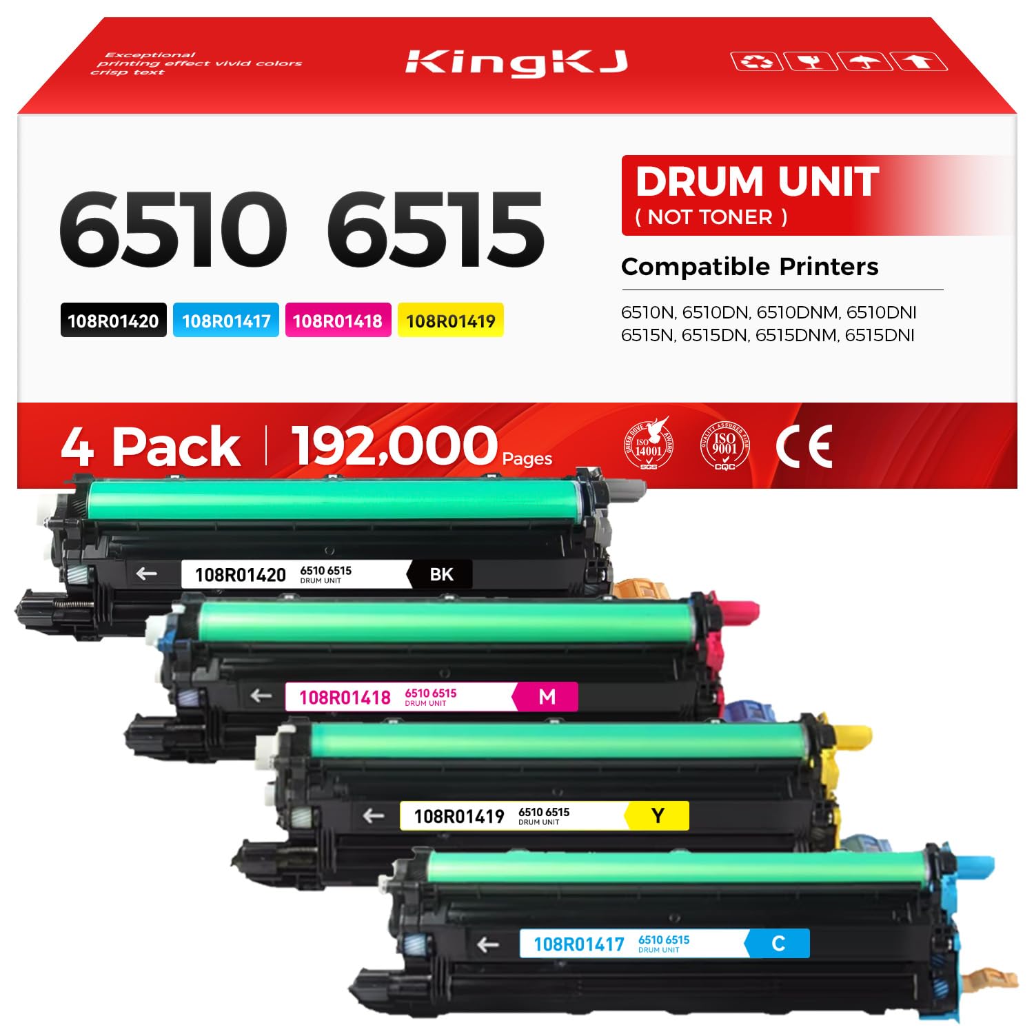 6510 6515 Drum Unit (Not Toner) 4-Pack Replacement for Xerox 106R03480 106R03477 106R03478 106R03479 Image-Drum Compatible with Xero Phaser 6510 WorkCentre 6515 Laser Printer Black Cyan Magenta Yellow