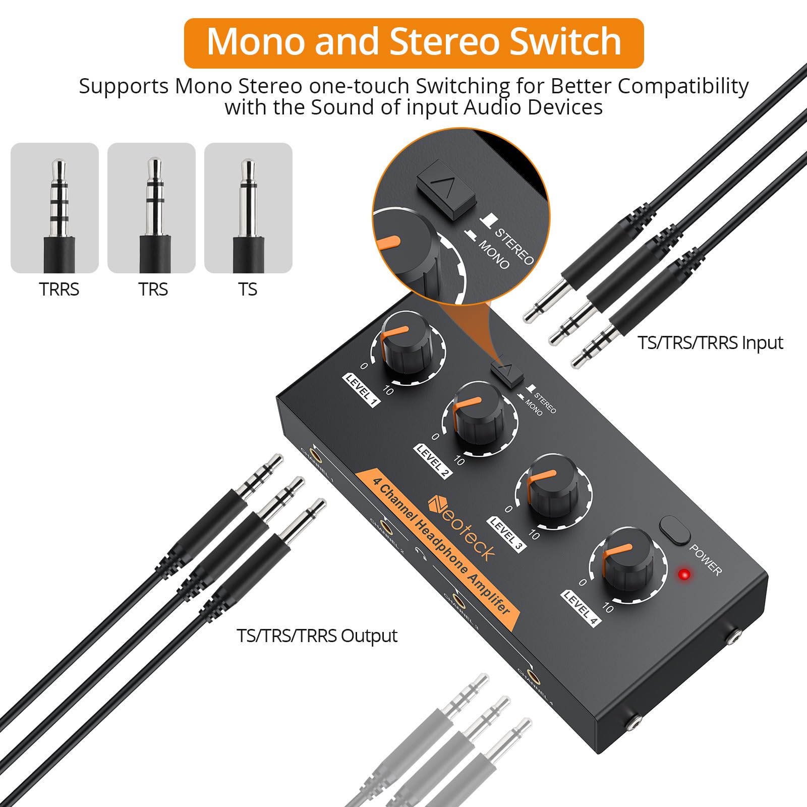 Neoteck Amplificadores para Auriculares 4 Canales Amplificador de Auriculares Estéreo con Control de Volumen y 3,5mm Cable de Audio Amplificador Estéreo de Metal para Grabaciones Mezclas