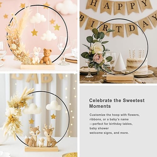 Miniatura 2 de Paquete de 10 aros florales negros con soporte, anillos de metal de 18 pulgadas para centros de mesa, decoración de mesa, manualidades, anillos de