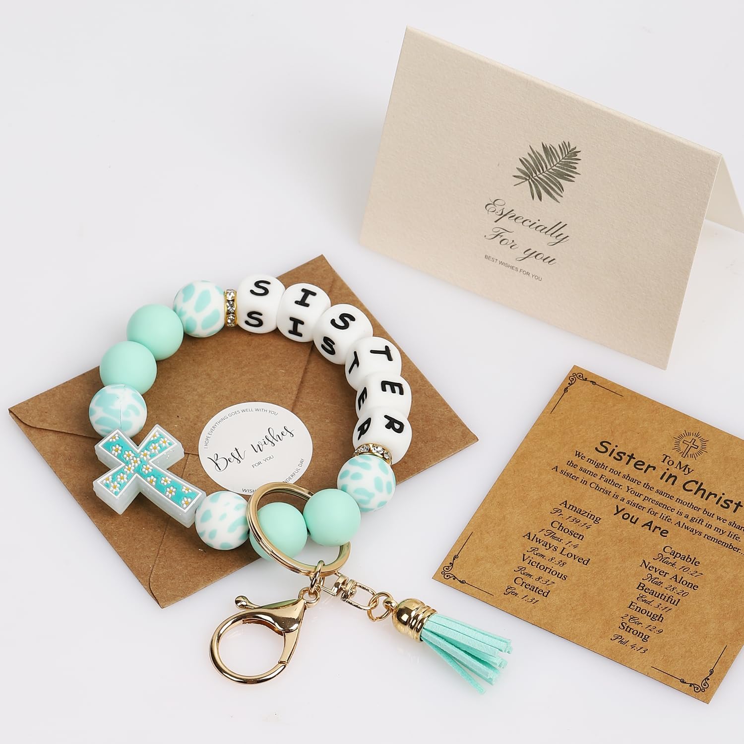 Sister Gifts,Cross Silicone Bracelet Wristlet Keychain with Card & Envelope for Birthday Christmas - Image 3