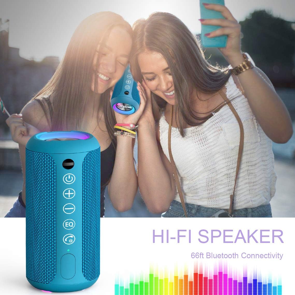Ortizan Portable Bluetooth Speaker connected to a smartphone