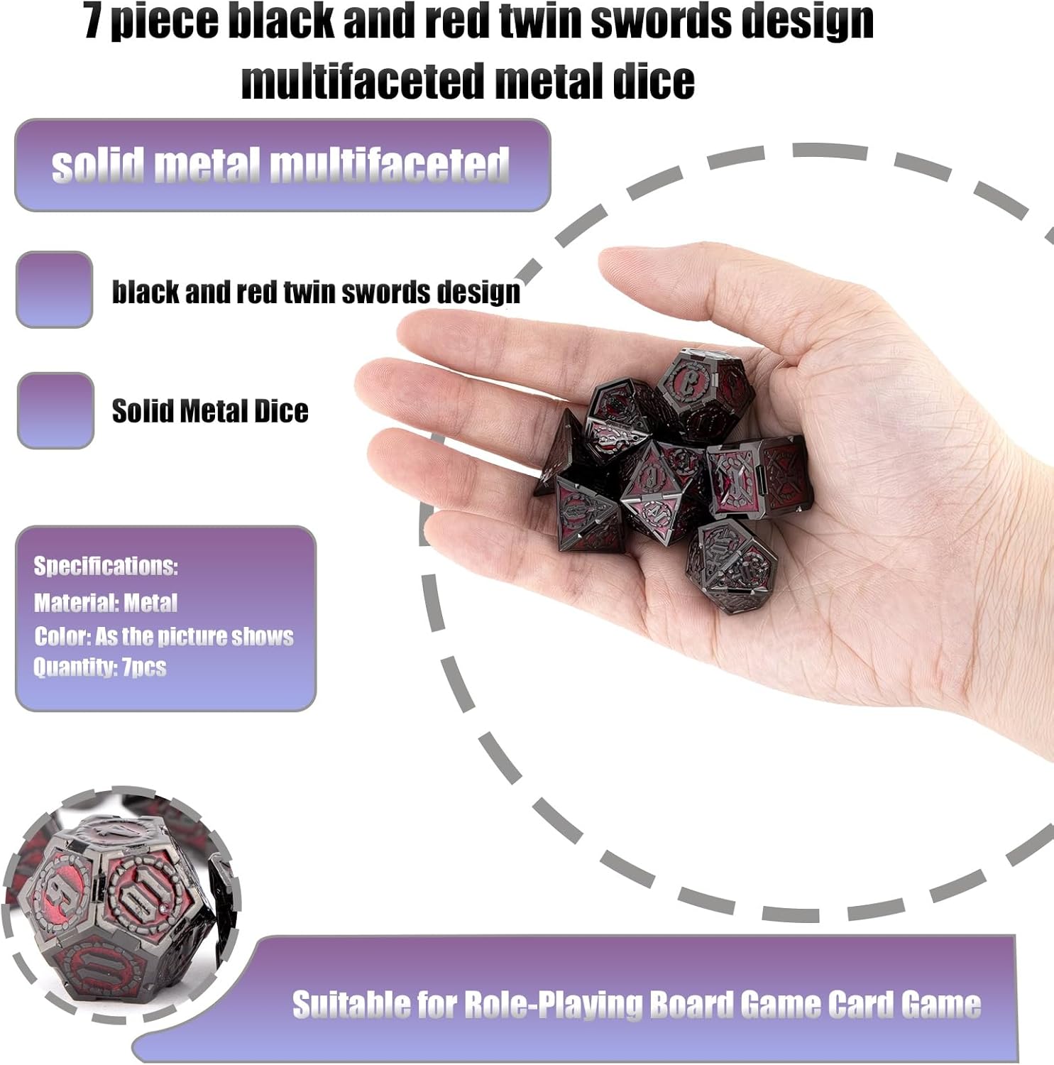 7 Piece Black and Red Twin Swords Design, Multifaceted Metal Dice, Compatible with Role Playing RPG Board Game Card Game