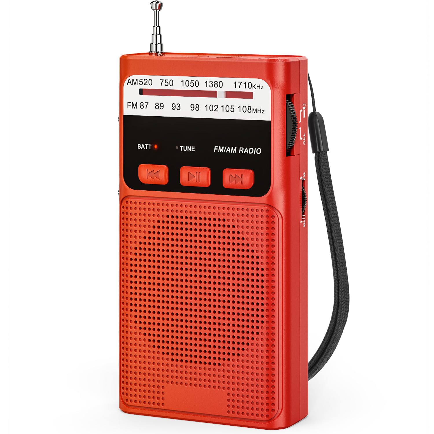 Kleines AM/FM Radio, Taschenradio mit MP3 Funktion und Kopfhörerbuchse(Rot) | Tragbares Radio mit Eingebautem Akku, Radios mit Clip, Schlüsselband und Lichtfunktion