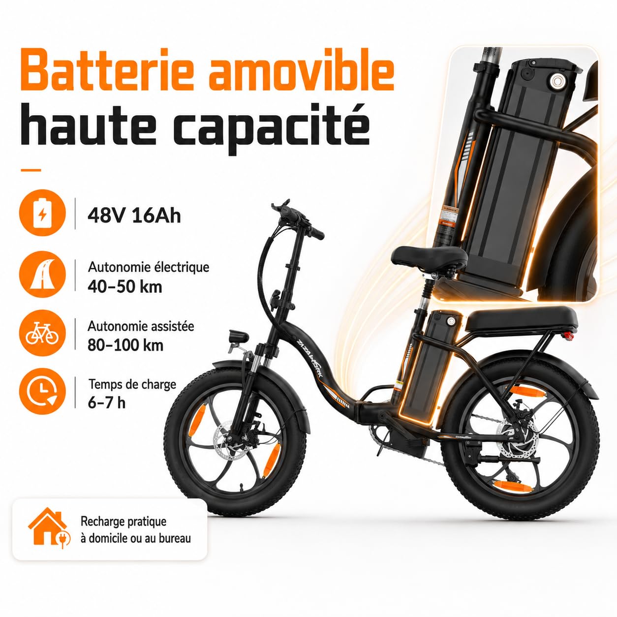 TIGUOWISH ZAZAWORK Vélo Électrique Pliable 250W, VTT Batterie 48V 16Ah, Autonomie 100 km, 7 Vitesses, Freins à Disque, Pneus 20" Anti-Crevaison