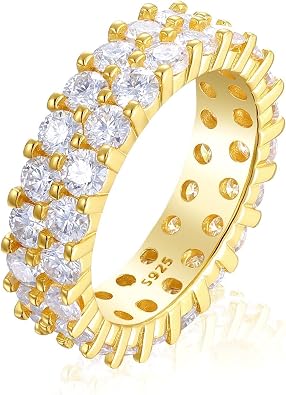 4.2-17 Carats Moissanite Rings for Men, 2 Rows Iced Out Rings Lab Created Diamond Ring 18K Yellow Gold Plated 925 Sterling Silver 10MM Moissanite Wedding Rings Hip Hop Jewelry with GRA Certificate