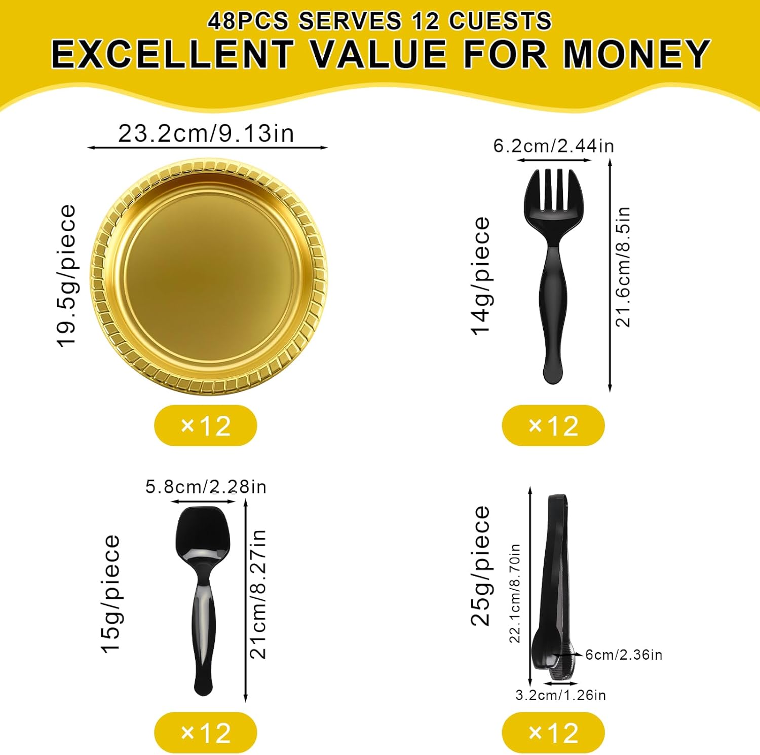 48PCS Large-Size Serving Utensils Set (12 Complete Sets) with Gold Charger Plates - Individually Wrapped Gold Plastic Silverware for Buffets (48, Black)
