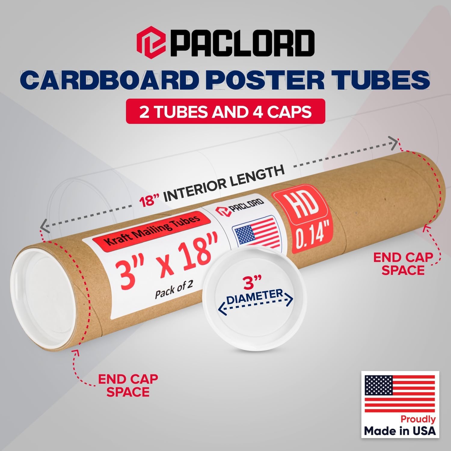 3" x 18" heavy-duty reinforced cardboard mailing tube, pack of 2 tubes with 4 caps – secure usps approved – great for shipping and storing of prints, artwork, posters or documents inside diameter: 3" length: 18"
