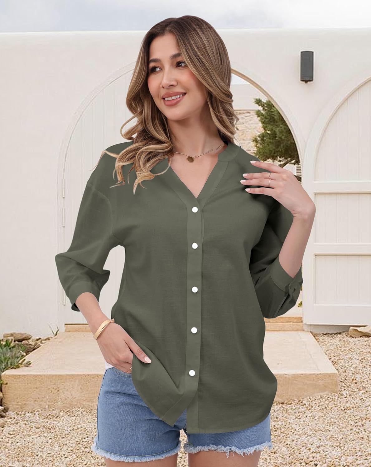 Womens Cotton Button Down Shirts 3/4 Sleeve Casual Loose Fit V Neck Stylish Breathable Summer Spring Blouses Top - Image 4