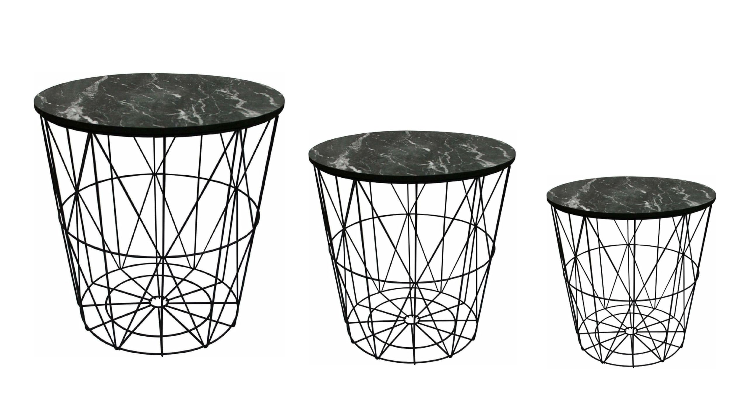 Round Side Table Wire Metal Storage Basket Bedroom Balcony Corner Bedside Table Sofa Garage Camper Van Hallway Tidy Nest Stool Living (Black Marble Pattern Lid, Set of All 3 (Small + Med + Lrg)) โ image 1