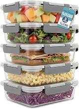 HEFTMAN Glass Food Containers with Lids - Set of 5, 1 Litre | Meal Prep Containers, Airtight Food Storage Container for Leftovers, Lunch, Frozen Fruit & Veg, Microwave & Freezer Safe
