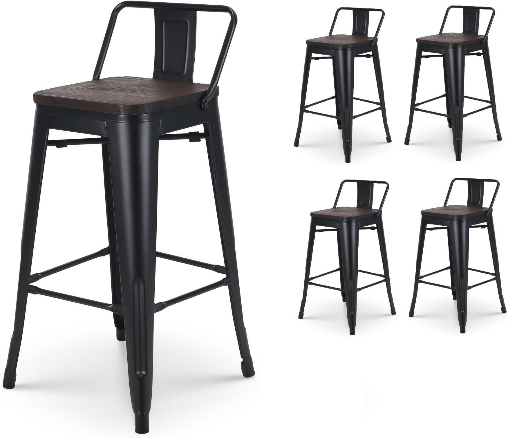 Kosmi Set 4 Sgabelli Da Bar Industriali Metallro E Legno - Altezza 66 Cm