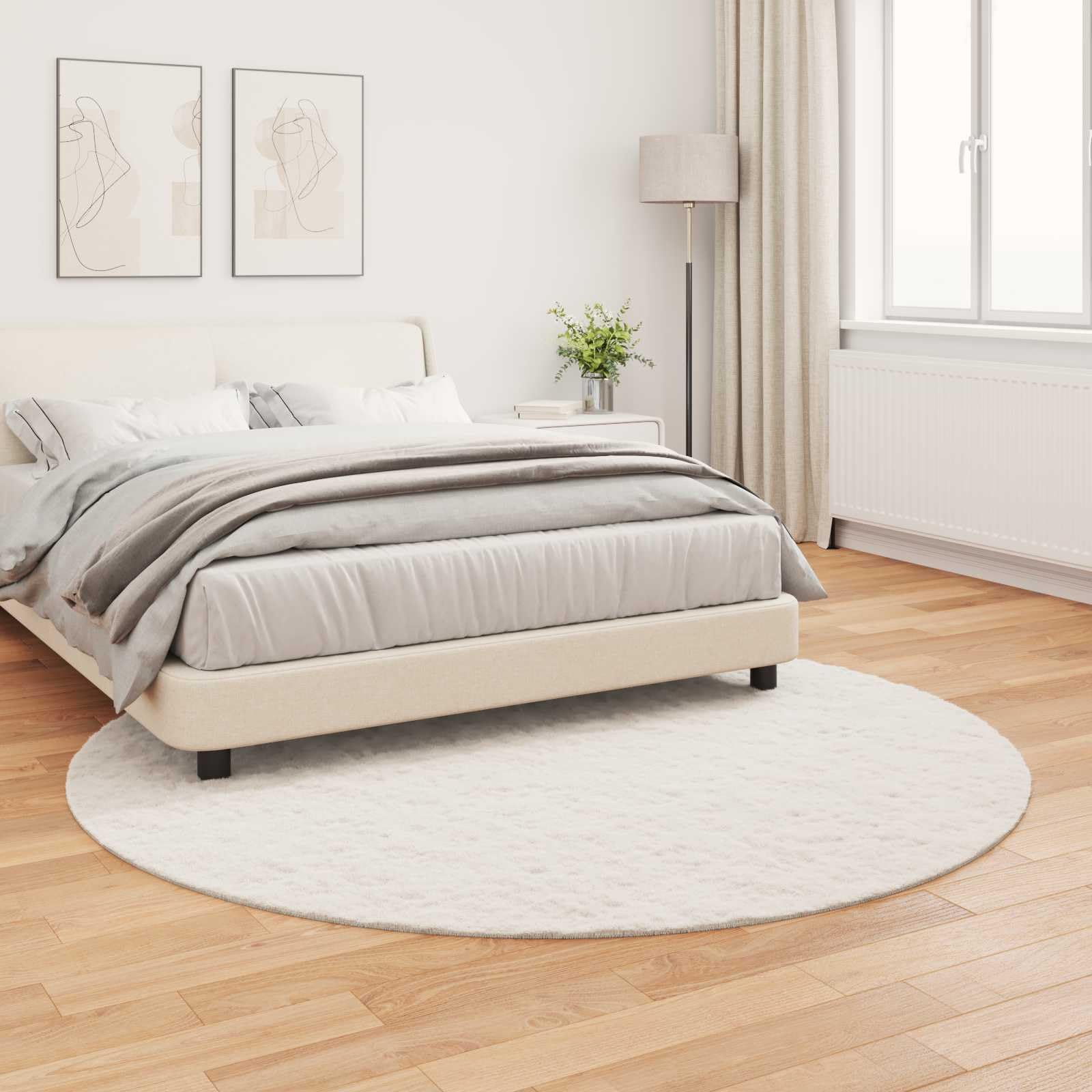 Kunstfell-Teppich rund 200x200 cm, Flauschiger Wohnzimmerteppich rutschfest, weicher Teppich in Creme für Schlafzimmer, kuschelige Heimtextilie mit Rutschfester Unterseite