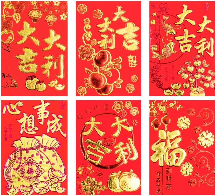 Chinese Red Packets, 36 pcs in 6 Designs, 3.15" W x 4.53" H, Hong Bao, Red Envelopes for Chinese New Year, Spring Festival, Lucky Money Packet