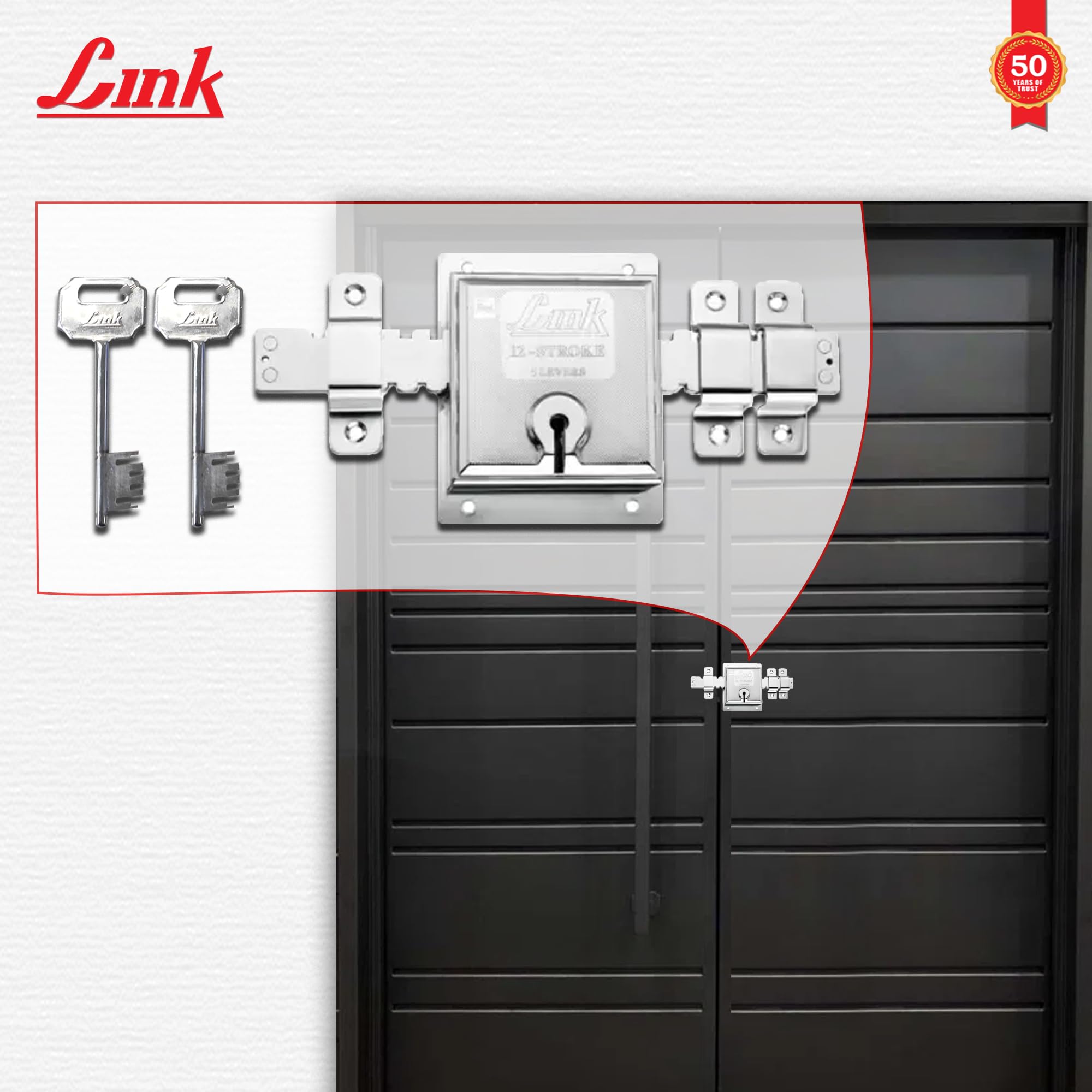Link 12 Turn Main Door/Shutter Heavy Lock with 2 Key Stroke Lever Mechanism (106x135mm) – Nickel Chrome Plated, 5 Working Levers, Durable for Residential & Commercial Use (Silver) — Amazon image 2