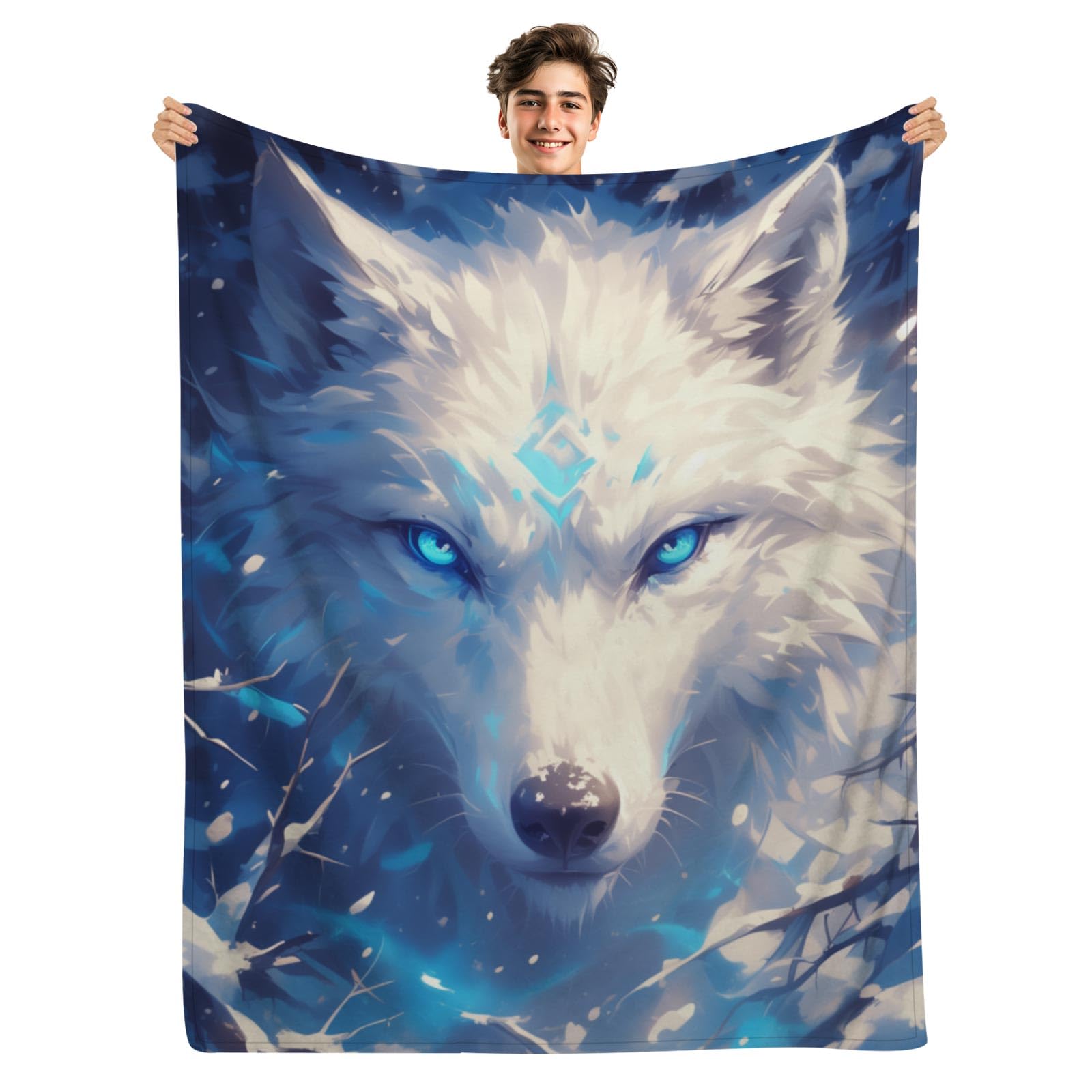 KAFFUL Cool White Wolf With Blue Eyes Throw Blanket - Winter Snow Theme for Adults, Teens, Kids - Wolf Lovers Gifts for Men, Women, Boys, Girls - Blue