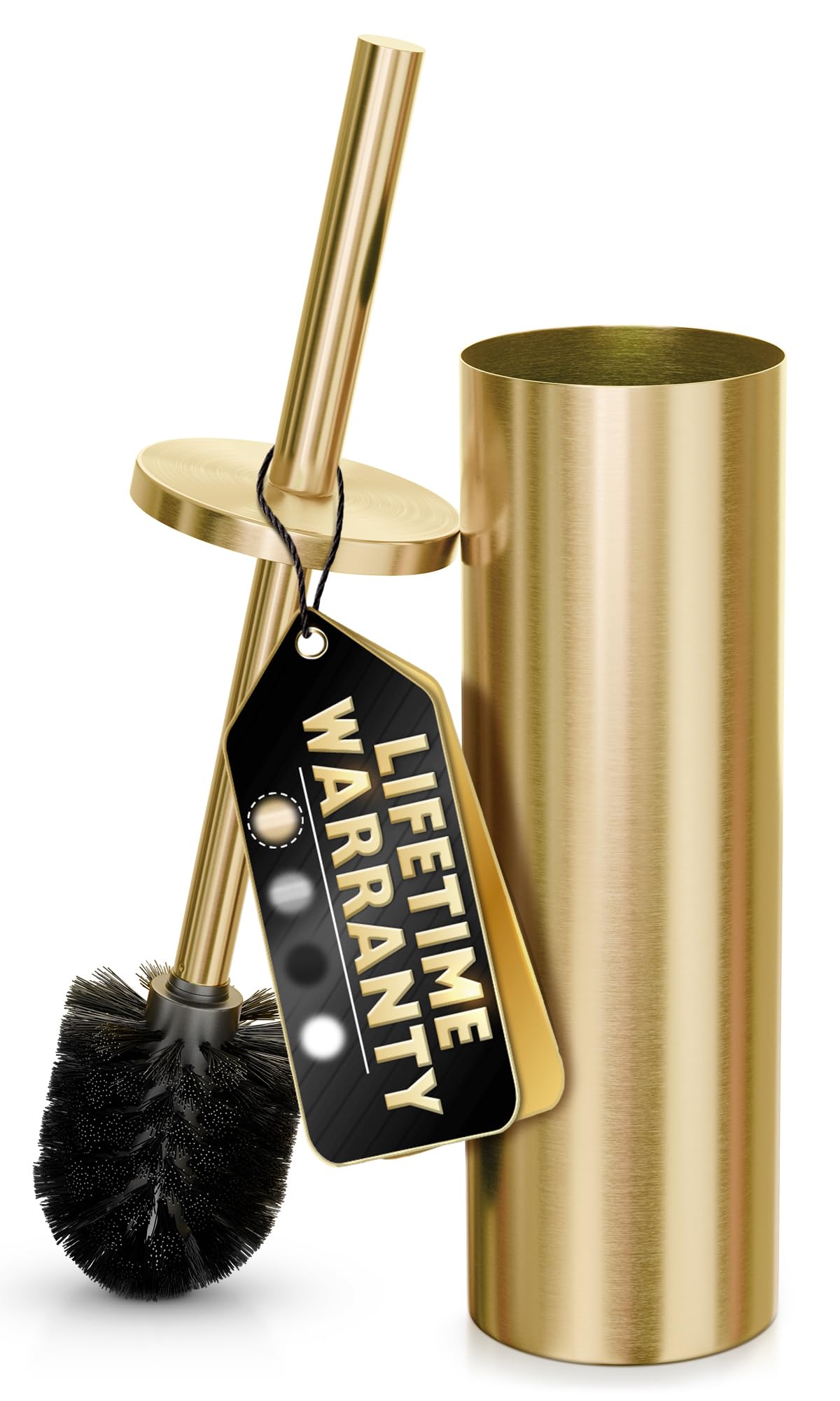 Gold Toilet Brush and Holder Set - Brushed Stainless Steel Gold Toilet Bowl Brush and Holder with Replacable Head, Removable Inner Bowl, and Splash Protection - Dense Bristles for Through Cleaning
