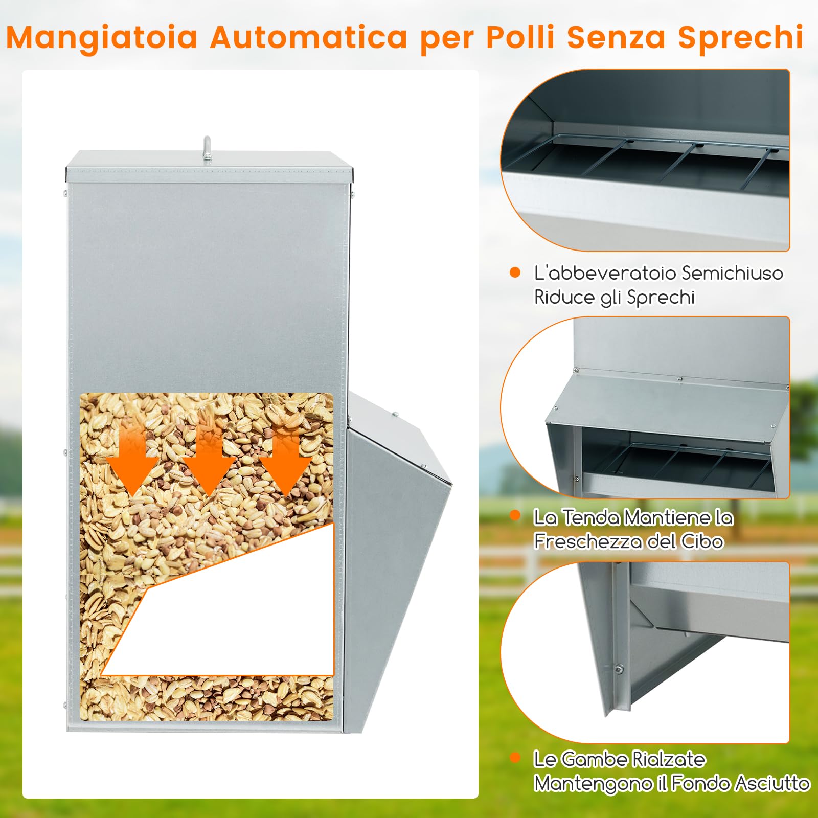 COSTWAY Mangiatore per Galline da 22kg in Acciaio Zincato, Mangiatoia Automatica a Muro con Coperchio, Forniture Agricole per Polli, Anatre, Tacchini e Oche, 35 x 35 x 55 cm