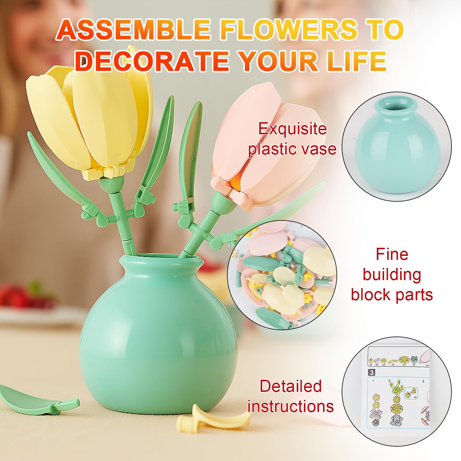Flower Building Blocks Set Mini Botanical Plants Model Kit for Adults, Home Decor Flowers Display, Creative Gift for Kids, Girls & Women for Christmas, Valentines Day & Birthdays - Image 2