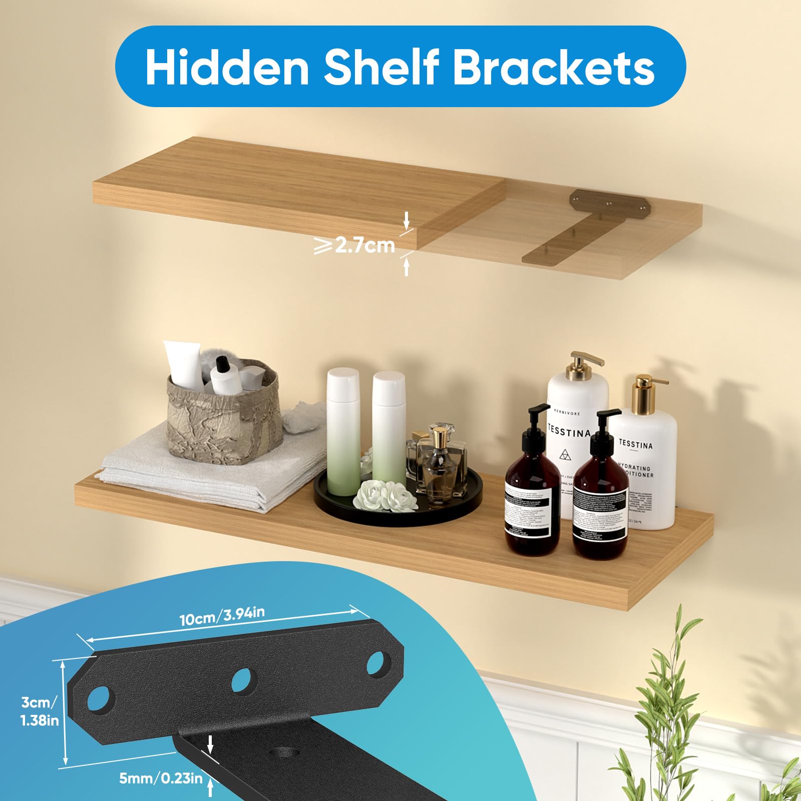 TESSTINA Staffe per Mensole Pesanti 80kg Reggimensola a Scomparsa, Supporto Metallo Nero 3,8cm per Mensola 15-20cm, Staffe Angolari Invisibili, Reggimensola Carichi Pesanti